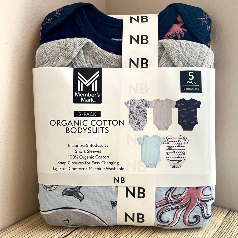 🆕 Member's Mark Baby 5-Pack Organic Cotton Bodysuits - Newborn Size